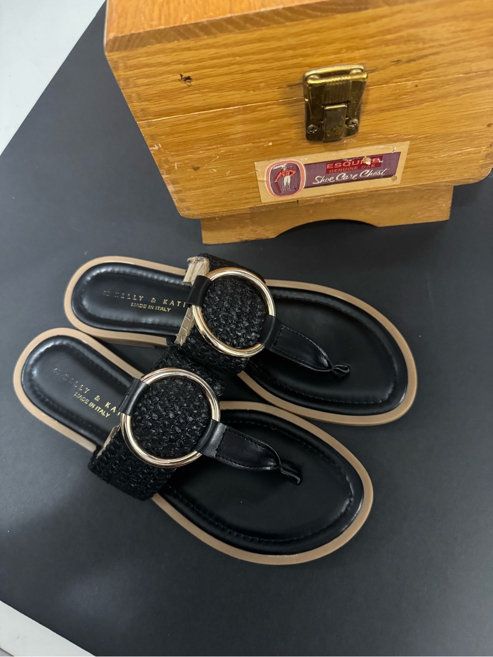 Kelly & Katie Made in Italy Black Woven Thong Sandals with Gold Ring